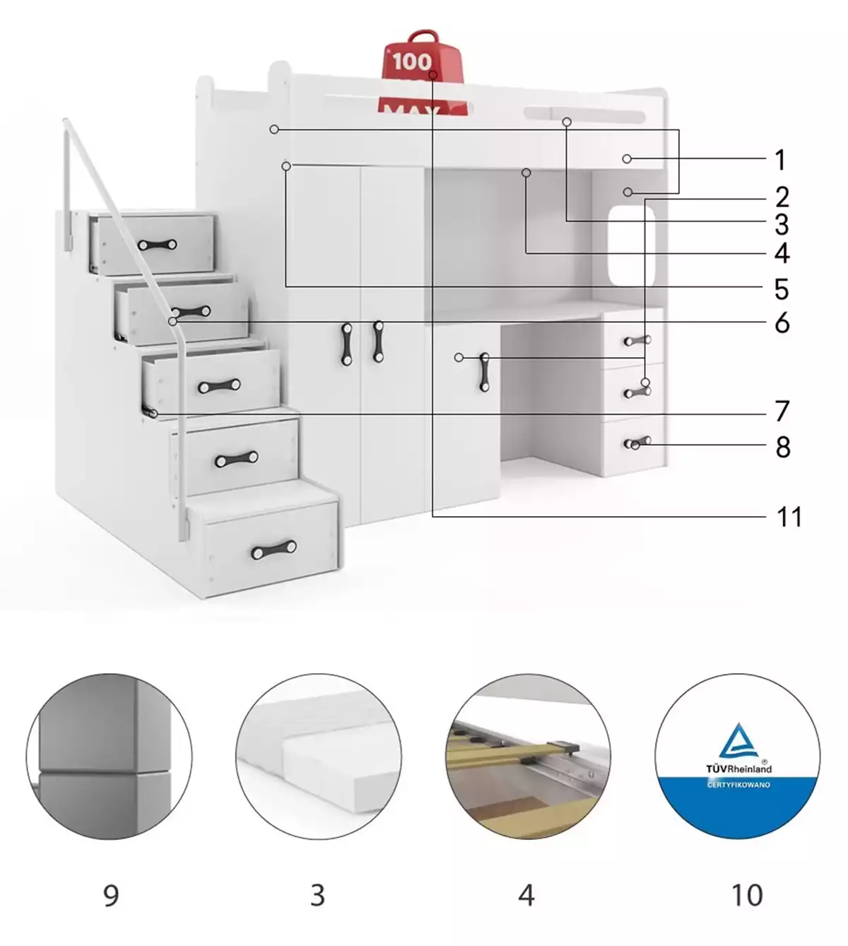 Komponenty pre Jednolôžkovú detskú posteľ MAX 4 80X200 s písacím stolom, biela