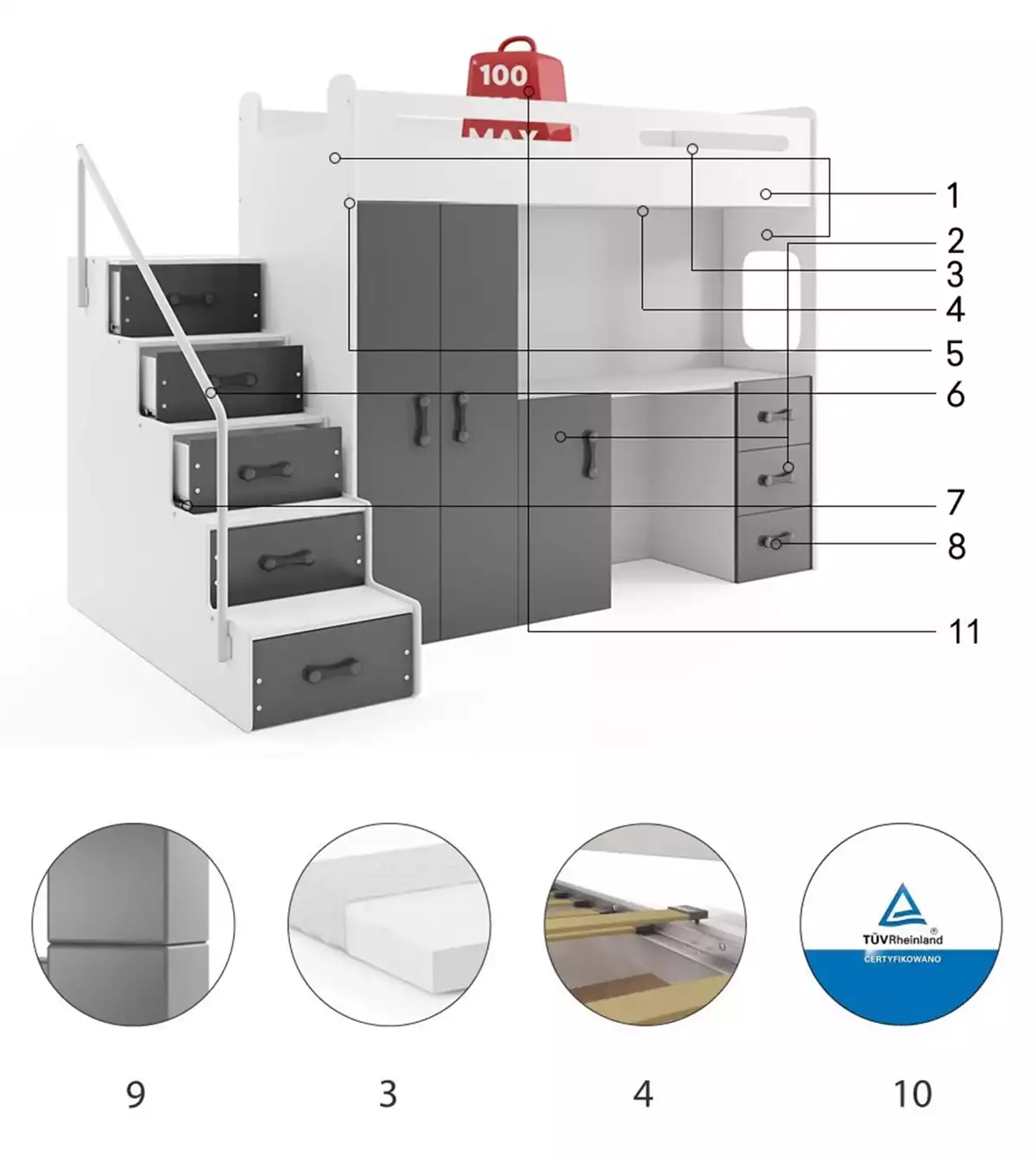 Komponenty pre Jednolôžkovú detskú posteľ MAX 4 80X200 s písacím stolom, grafit