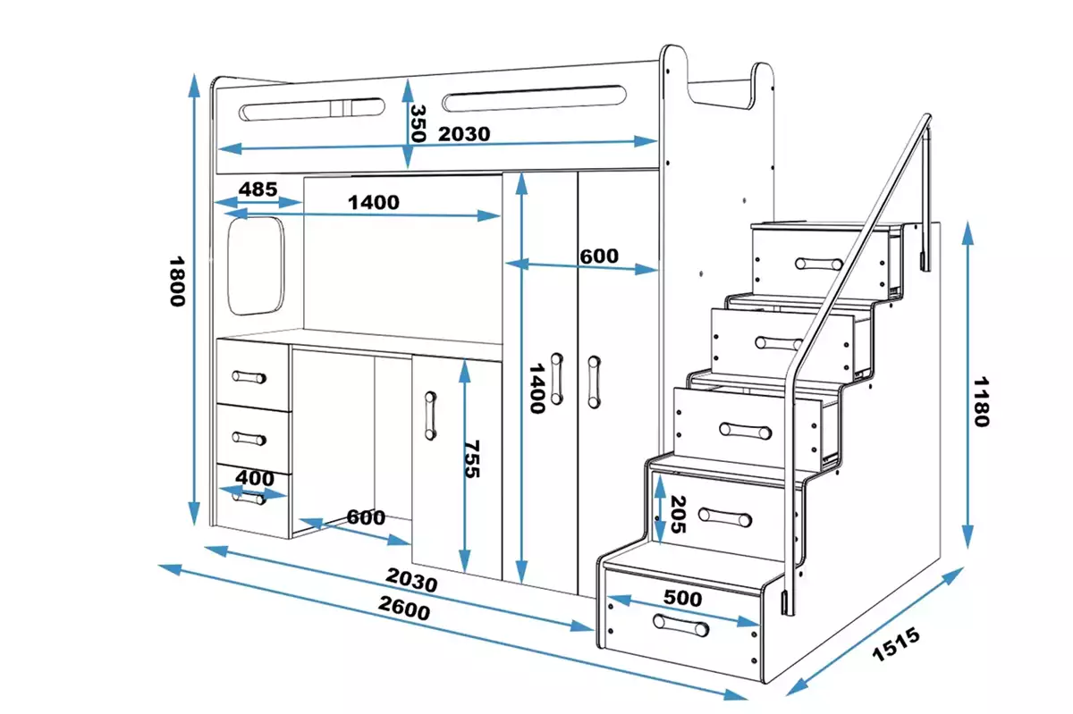 Rozmery a špecifikácie pre Youth jednolôžkovú posteľ MAX 4 80X200 s písacím stolom, ružová