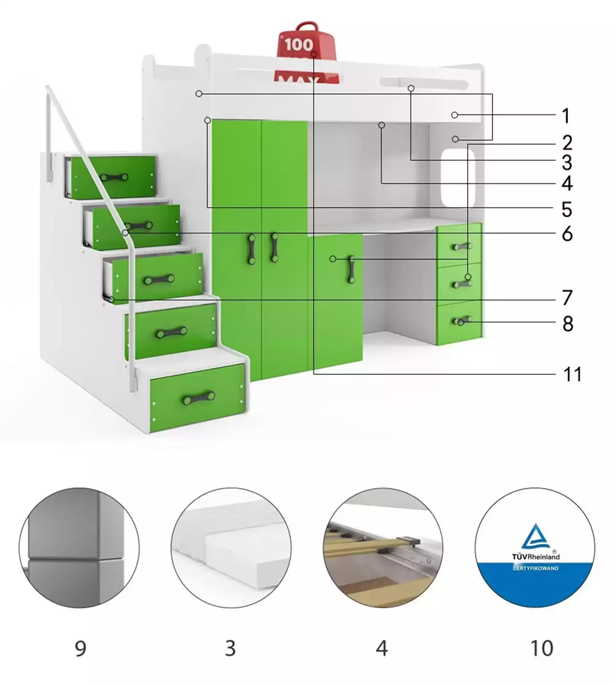 Komponenty pre Jednolôžkovú detskú posteľ MAX 4 80X200 s písacím stolom, zelená