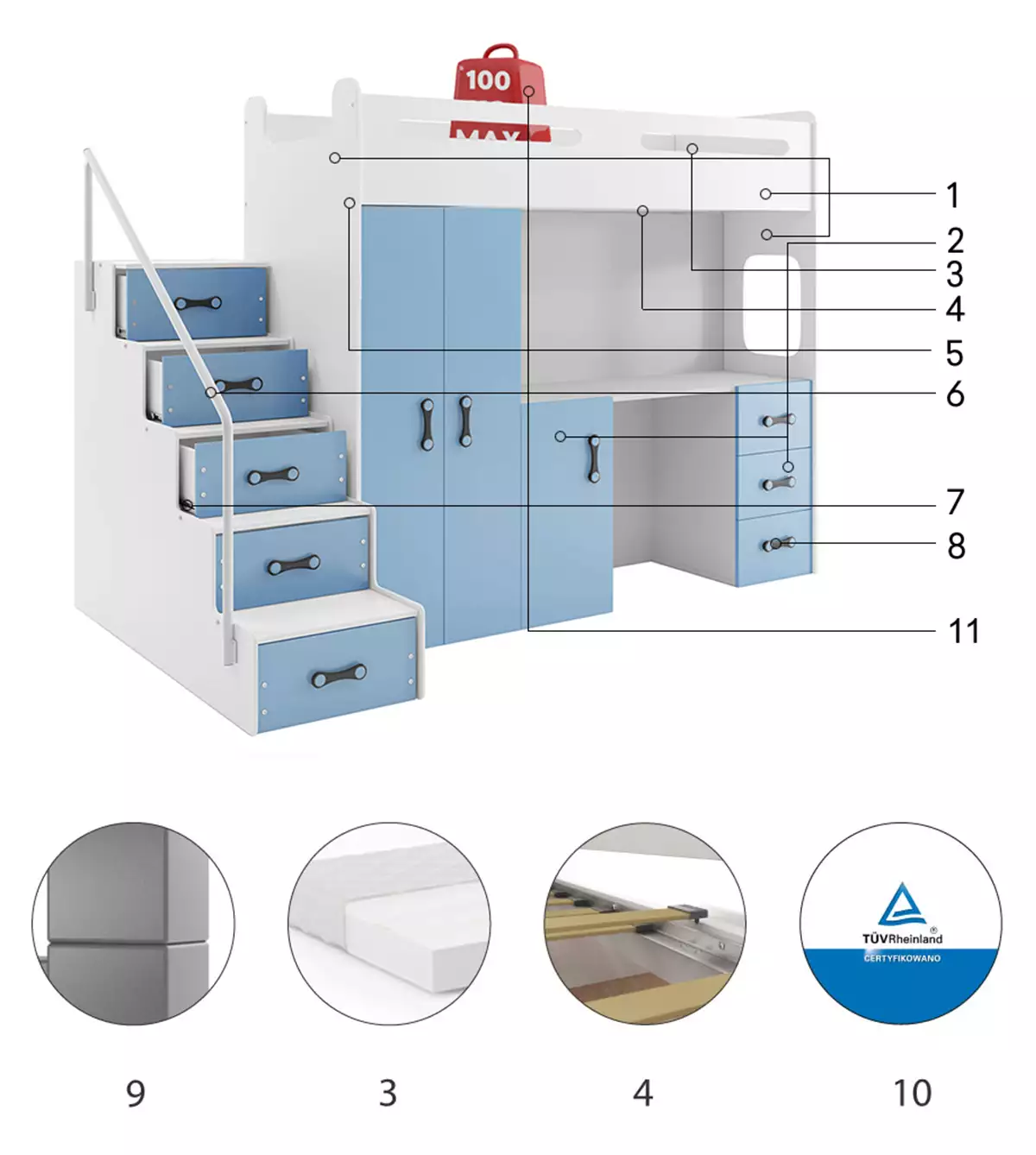 Komponenty pre Jednolôžkovú detskú posteľ MAX 4 80X200 s matracom a písacím stolom, modrá