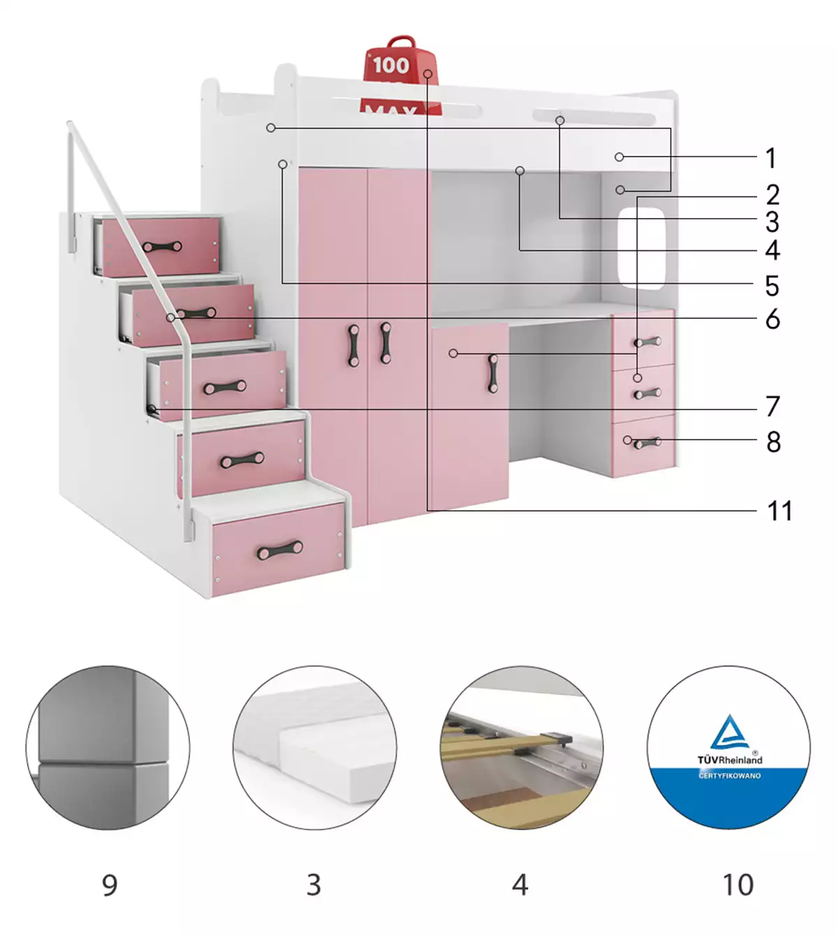 Komponenty pre Jednolôžkovú detskú posteľ MAX 4 80X200 s matracom a písacím stolom, ružová