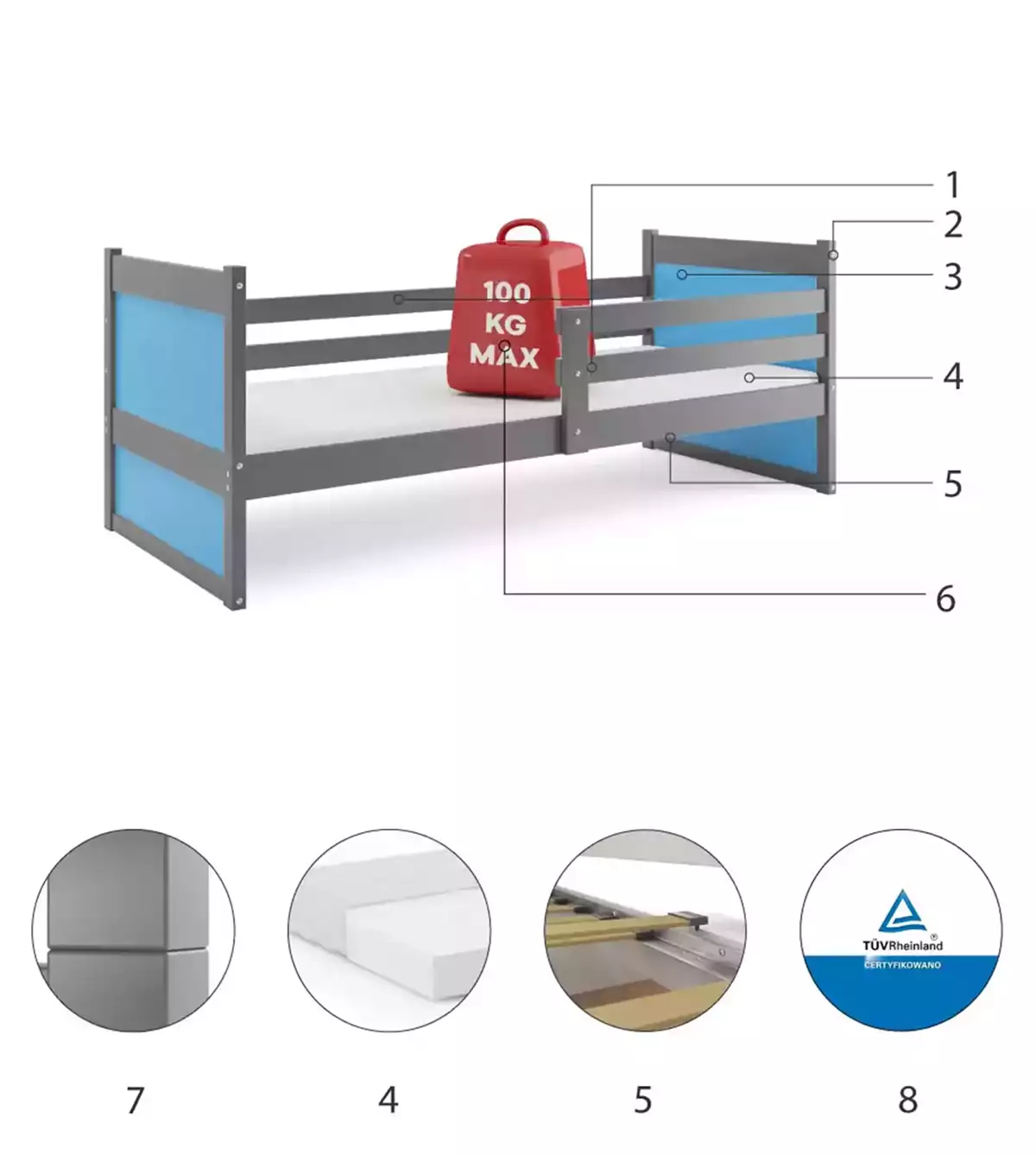 Komponenty pre detskú jednolôžkovú posteľ RICO 90X200, grafit/modrá