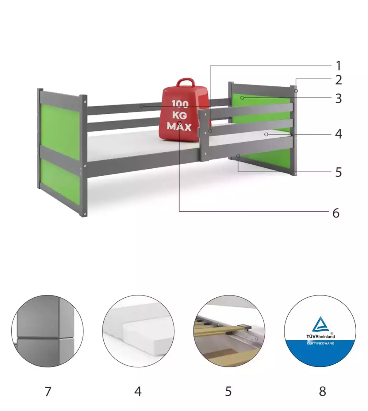 Komponenty pre detskú jednolôžkovú posteľ RICO 90X200, grafit/zelená