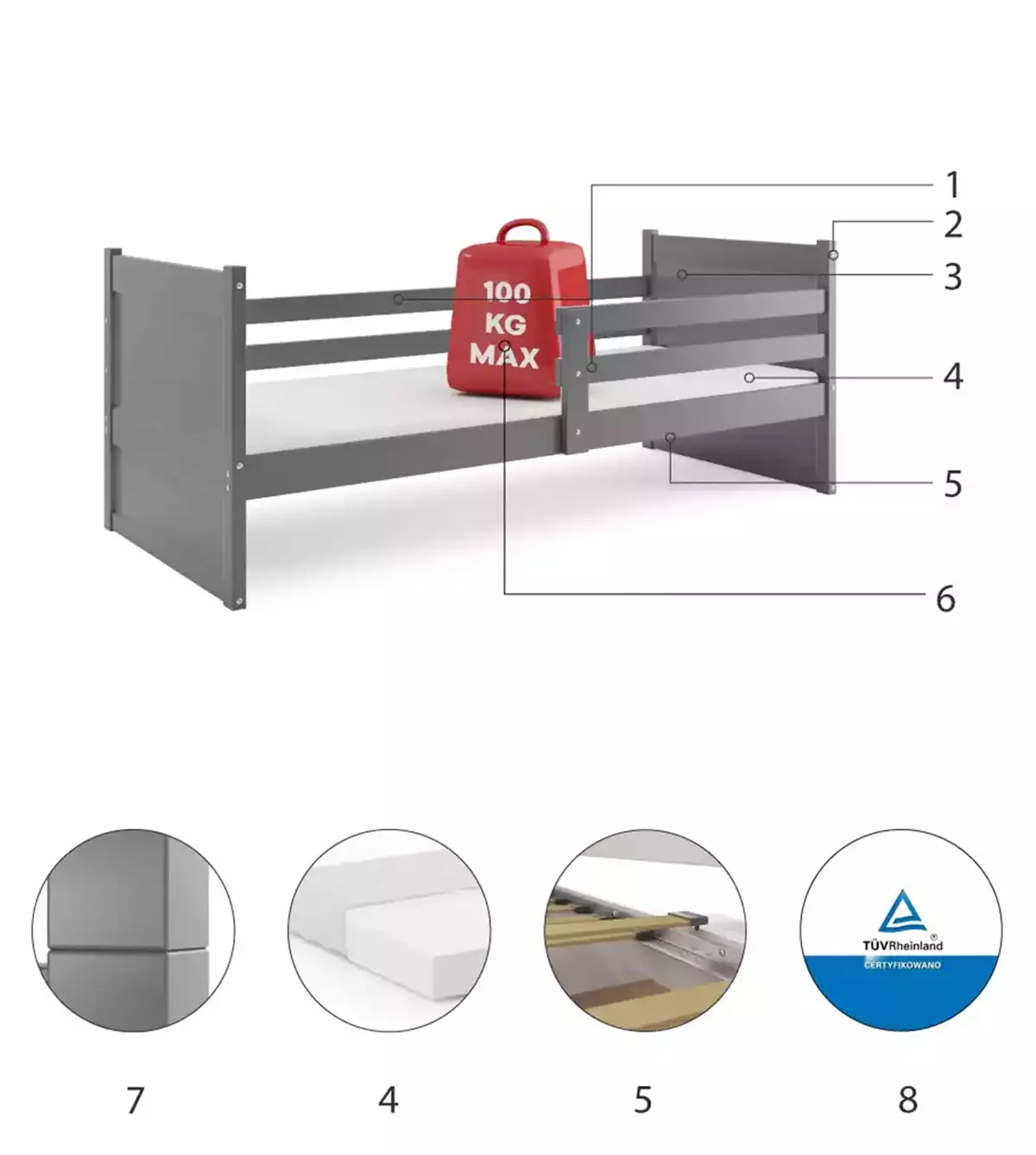Komponenty pre detskú jednolôžkovú posteľ RICO 90X200 s matracom, grafit