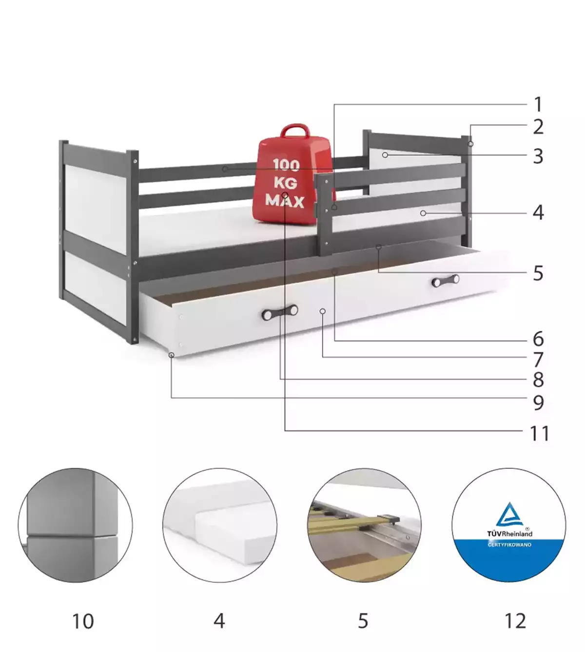 Komponenty pre jednolôžkovú detskú posteľ RICO 90X200 s matracom a zásuvkou, grafit/biela