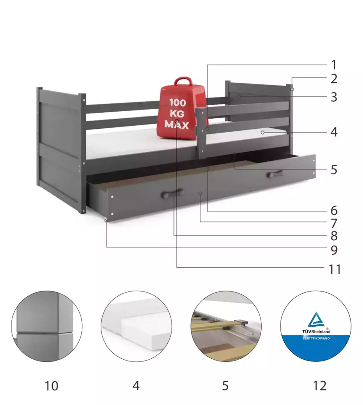 Komponenty pre Jednolôžkovú detskú posteľ RICO 90X200 s matracom a zásuvkou, grafit