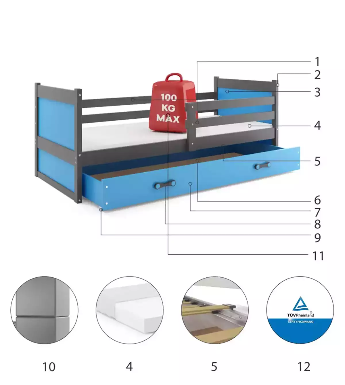 Komponenty pre jednolôžkovú detskú posteľ RICO 90X200 s matracom a zásuvkou, grafit/modrá