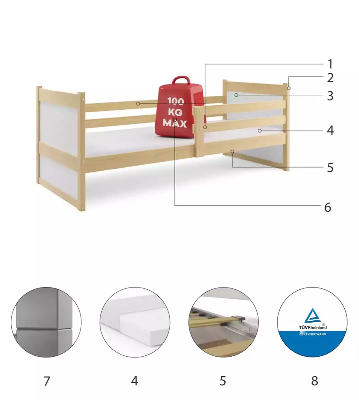 Komponenty pre detskú jednolôžkovú posteľ RICO 90X200 s matracom, borovica/biela
