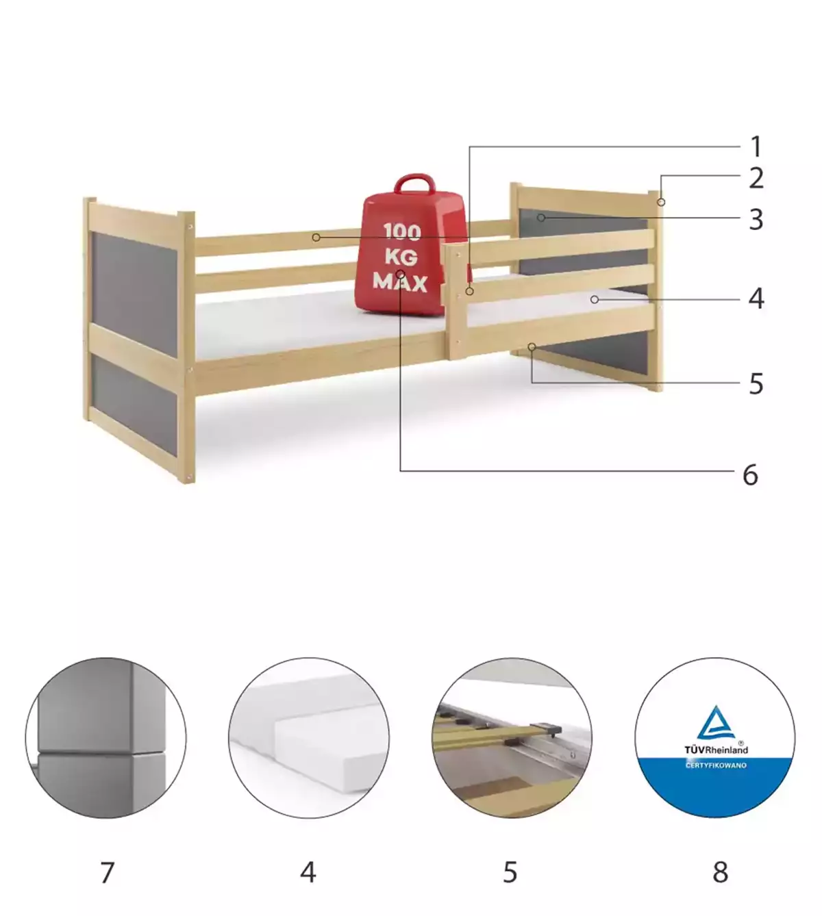Komponenty pre Detskú jednolôžkovú posteľ RICO 90X200 s matracom, borovica/grafit
