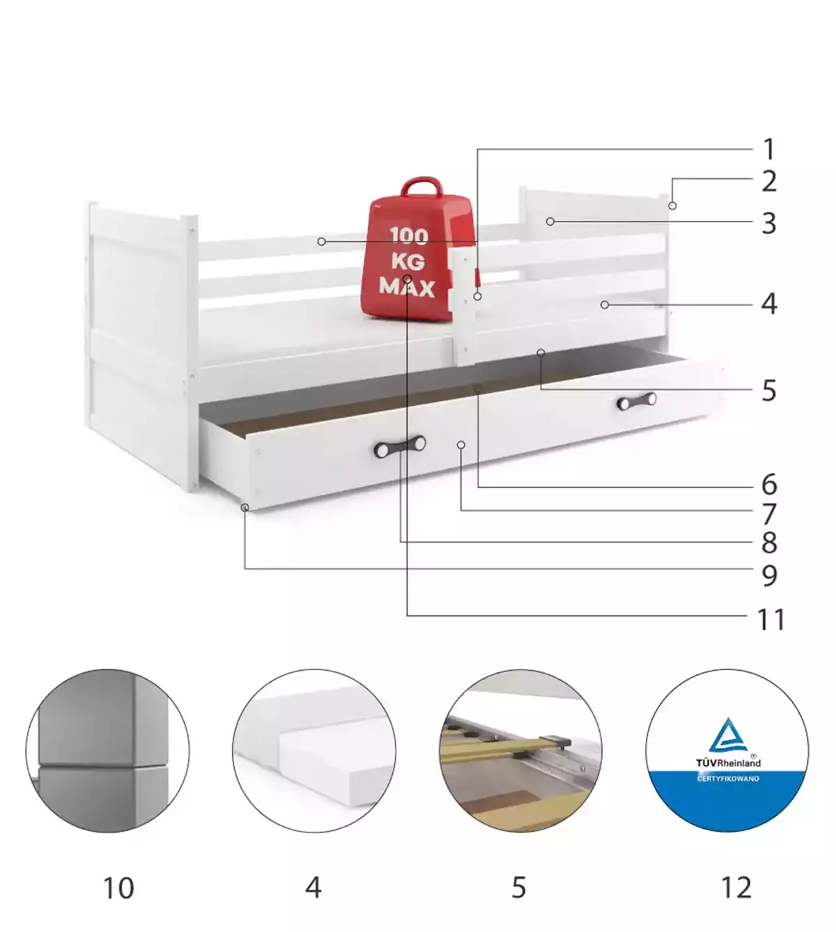 Komponenty pre detskú jednolôžkovú posteľ RICO 90X200 so zásuvkou, biela Komponenty pre detskú jednolôžkovú posteľ RICO 90X200 so zásuvkou, biela