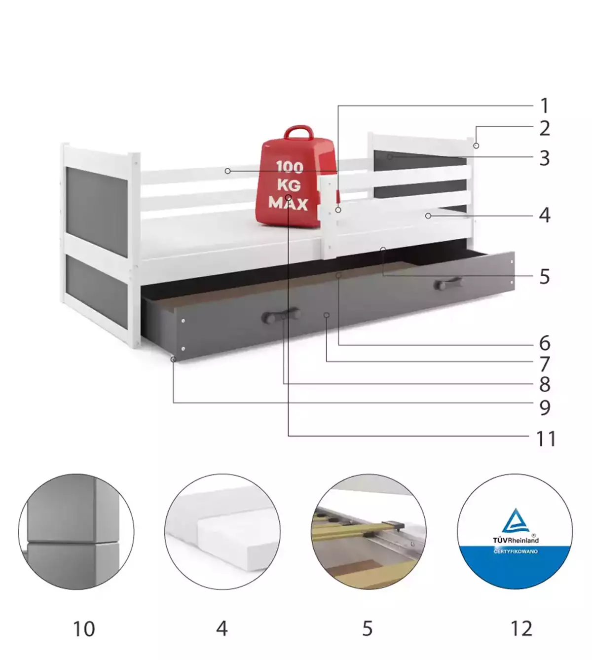 Komponenty pre detskú jednolôžkovú posteľ RICO 90X200 so zásuvkou, biela/grafit