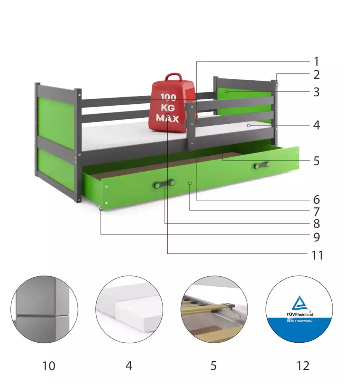 Komponenty pre detskú jednolôžkovú posteľ RICO 90X200 so zásuvkou, grafit/zelená Komponenty pre detskú jednolôžkovú posteľ RICO 90X200 so zásuvkou, grafit/zelená