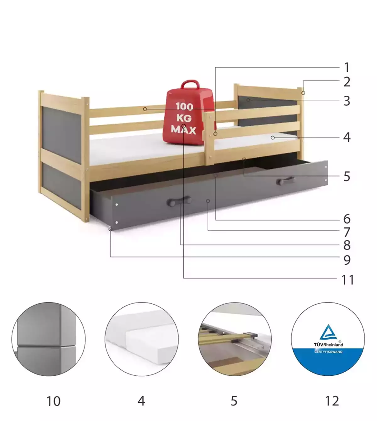 Komponenty pre jednolôžkovú detskú posteľ RICO 90X200 so zásuvkou, borovica/grafit