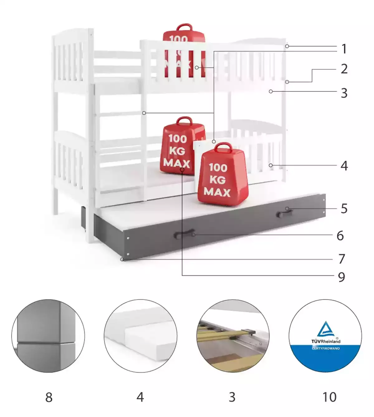 Komponenty pre trojlôžkovú detskú posteľ KUBUŚ 90X200 s matracom a zásuvkou, biela/grafitová