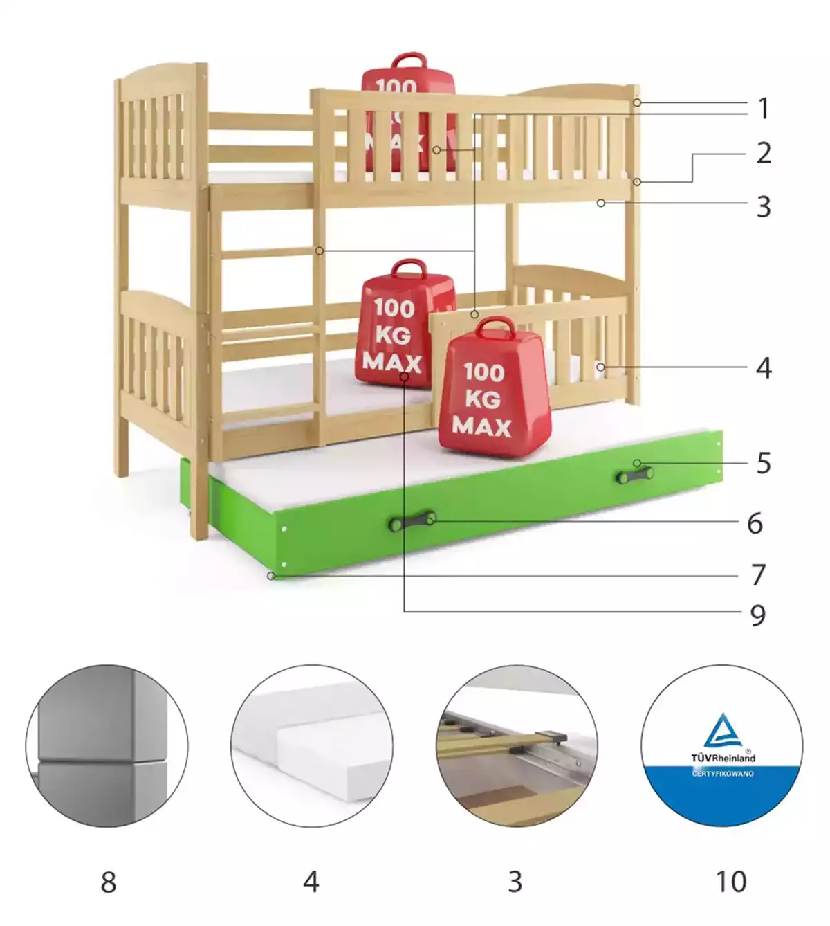 Komponenty pre trojlôžkovú detskú posteľ KUBUŚ 90X200 s matracom a zásuvkou, borovica/zelená