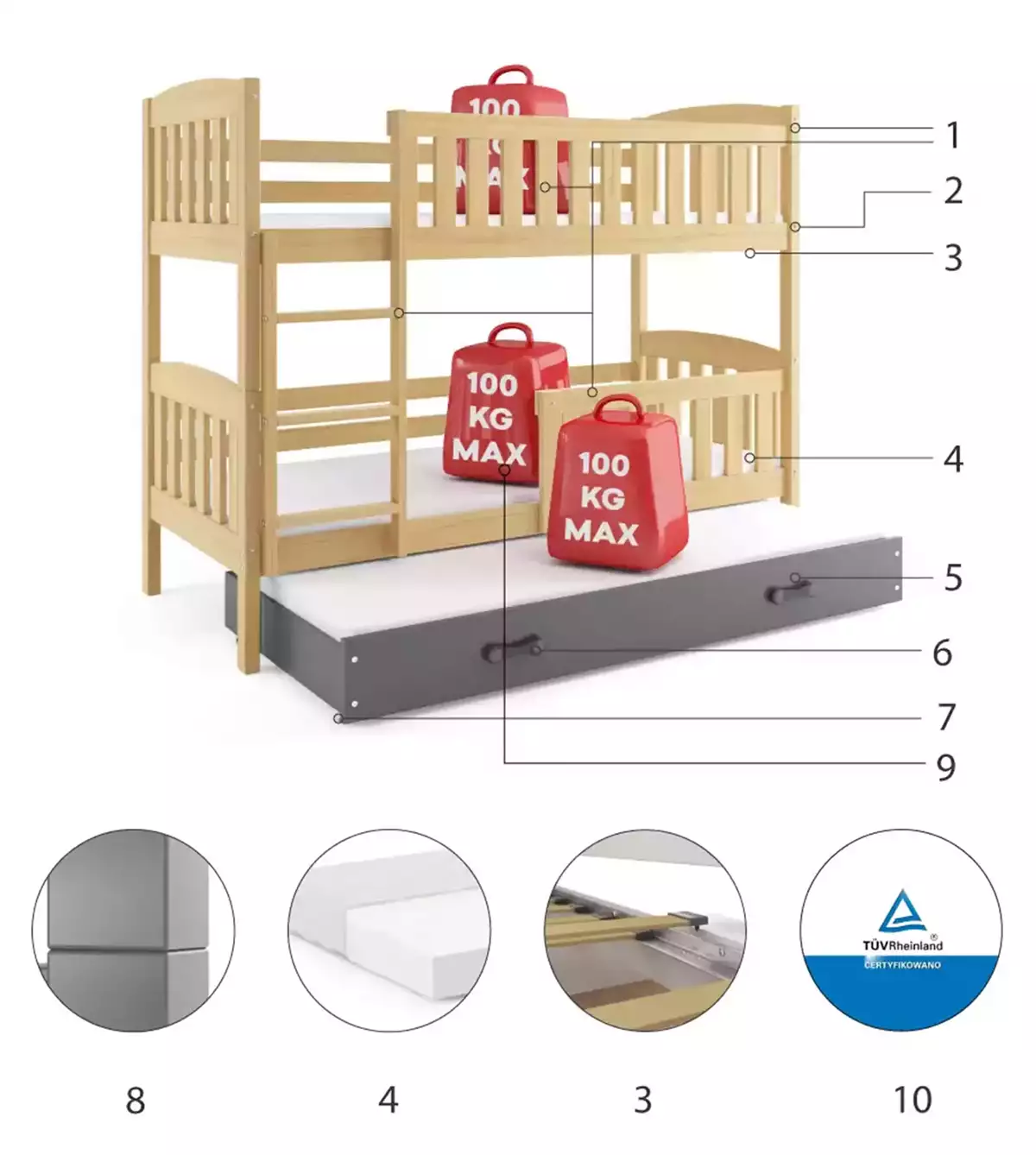 Komponenty pre trojlôžkovú detskú posteľ KUBUŚ 90X200 so zásuvkou, borovica/grafit