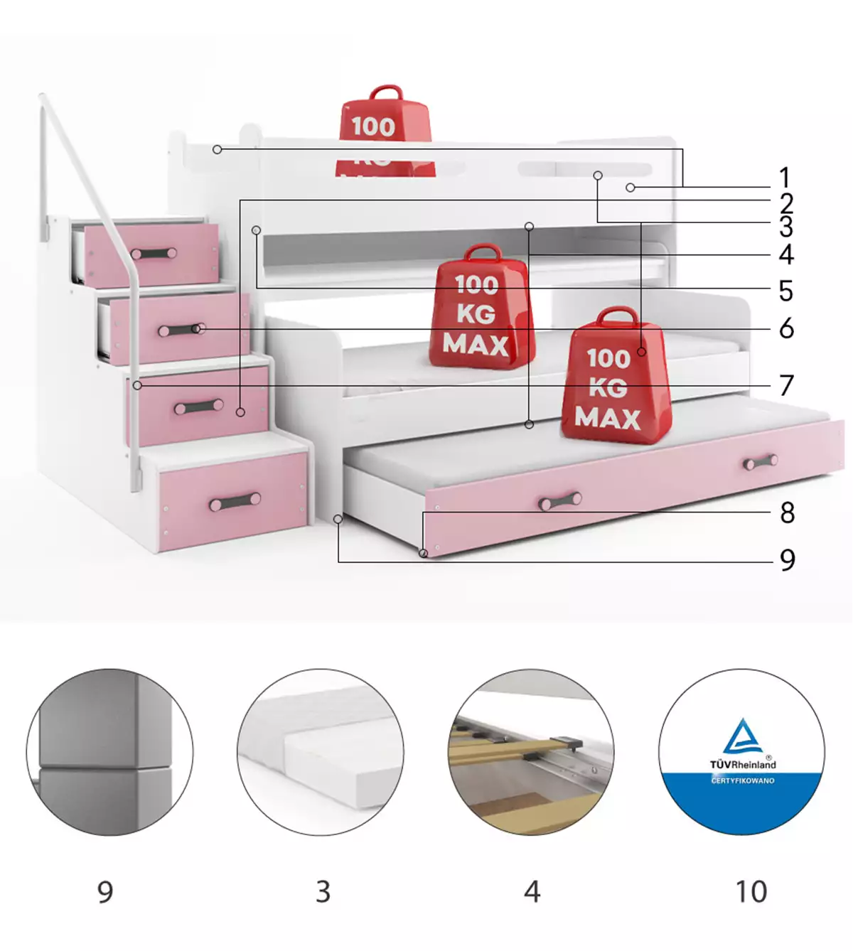 Komponenty pre trojlôžkovú detskú posteľ MAX 1 80X200 s písacím stolom, ružová