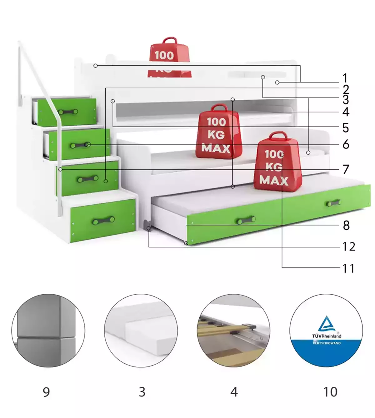 Komponenty pre trojlôžkovú detskú posteľ MAX 1 80X200 s písacím stolom, zelená