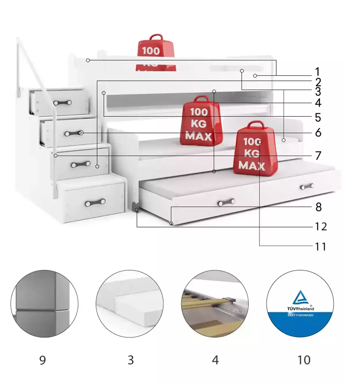 Komponenty pre trojlôžkovú detskú posteľ MAX 1 80X200 s matracom a písacím stolom, biela
