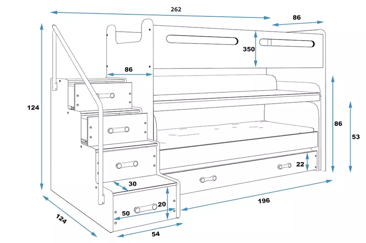 Rozmery a špecifikácie pre trojlôžkovú detskú posteľ MAX 1 80X200 s matracom a písacím stolom, biela