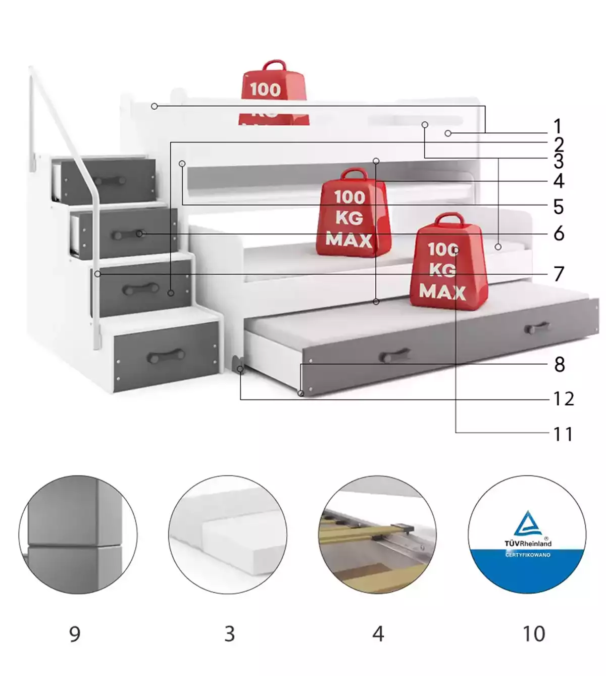 Komponenty pre trojlôžkovú detskú posteľ MAX 1 80X200 s matracom a stolom, grafit