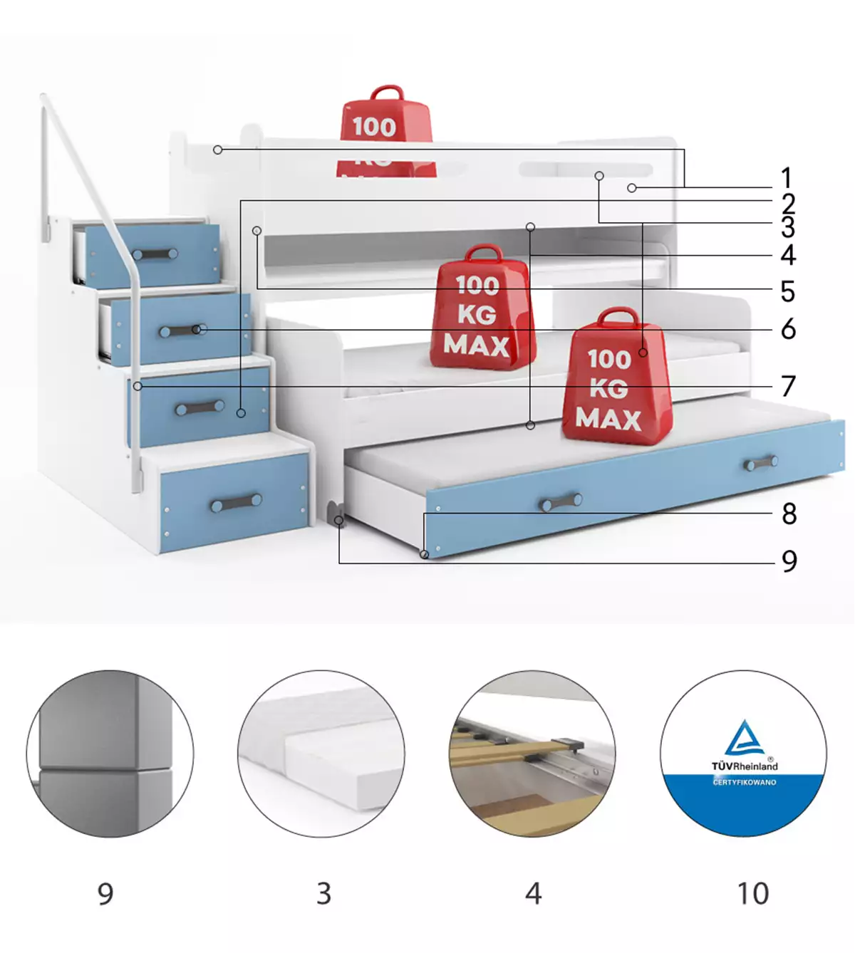 Komponenty pre trojlôžkovú detskú posteľ MAX 1 80X200 s matracom a písacím stolom, modrá