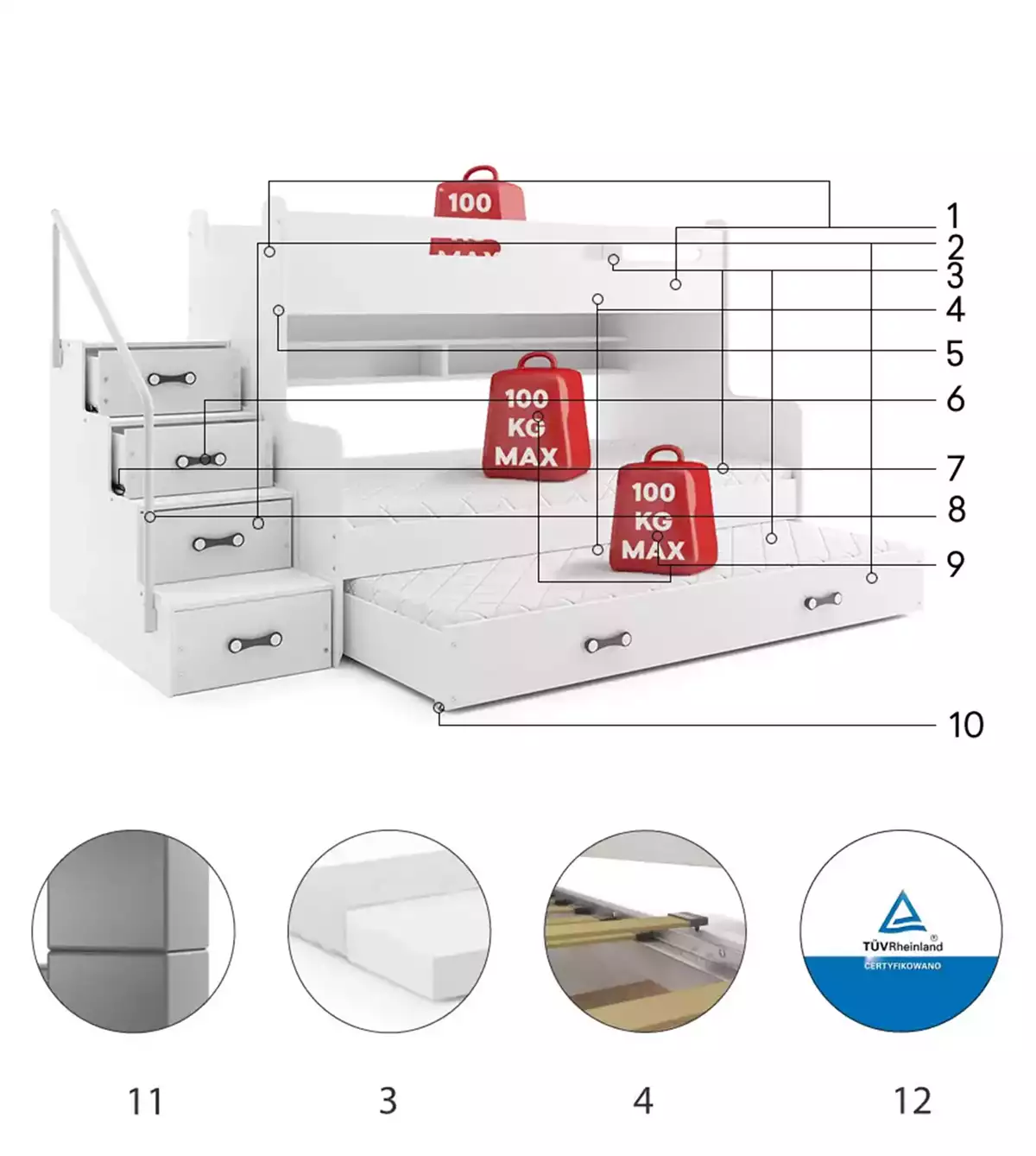 Komponenty pre trojlôžkovú detskú posteľ MAX 3 120X200 s matracom a zásuvkou, biela