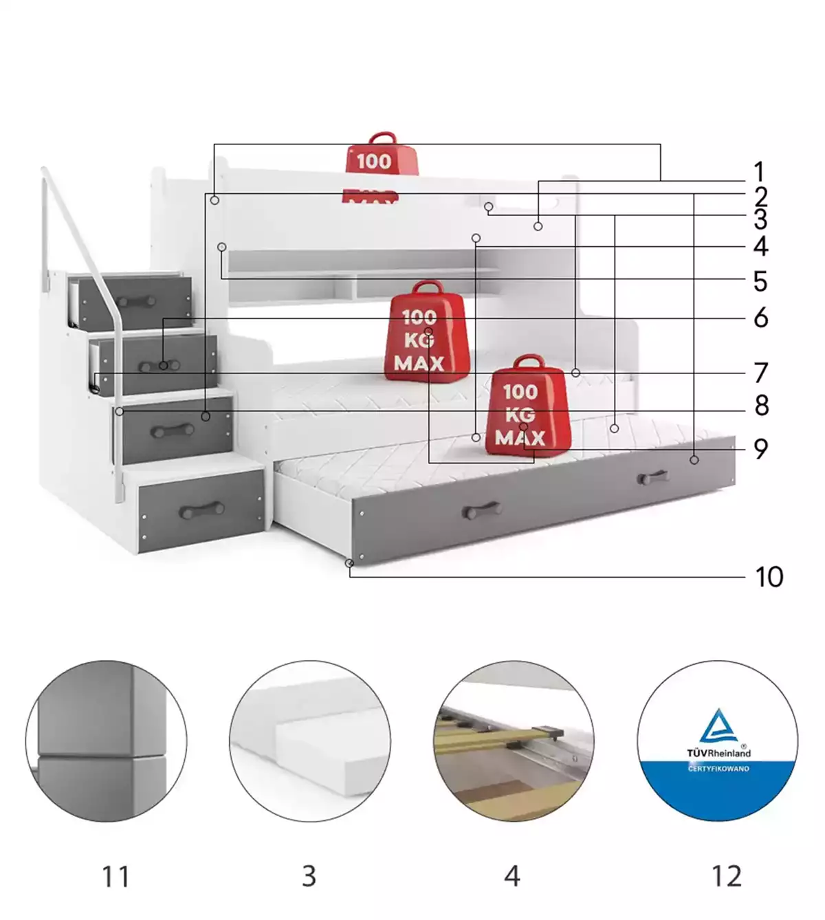 Komponenty pre trojlôžkovú detskú posteľ MAX 3 120X200 s matracom a zásuvkou, grafit Komponenty pre trojlôžkovú detskú posteľ MAX 3 120X200 s matracom a zásuvkou, grafit