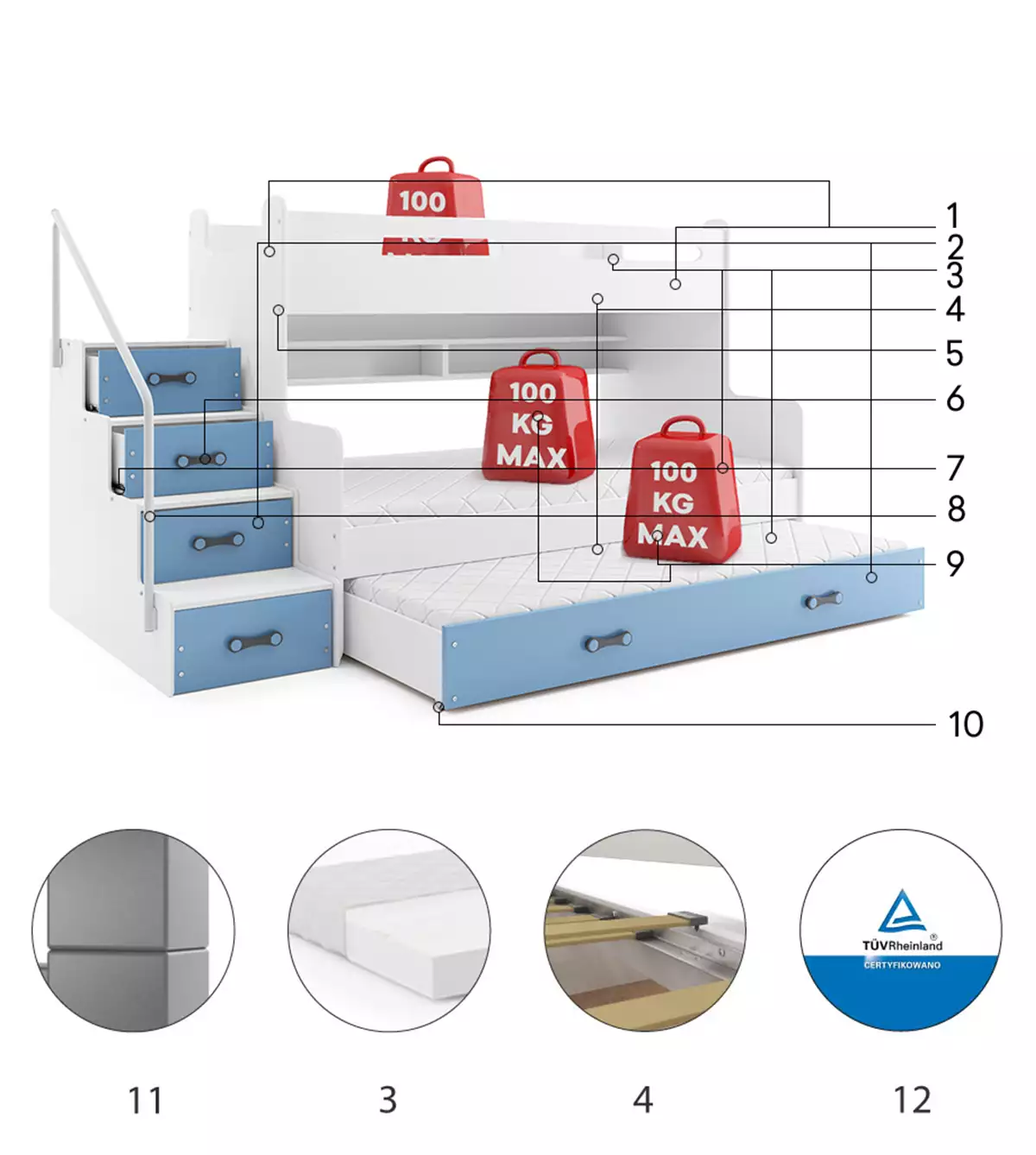 Komponenty pre trojlôžkovú detskú posteľ MAX 3 120X200 s matracom a zásuvkou, modrá Komponenty pre trojlôžkovú detskú posteľ MAX 3 120X200 s matracom a zásuvkou, modrá