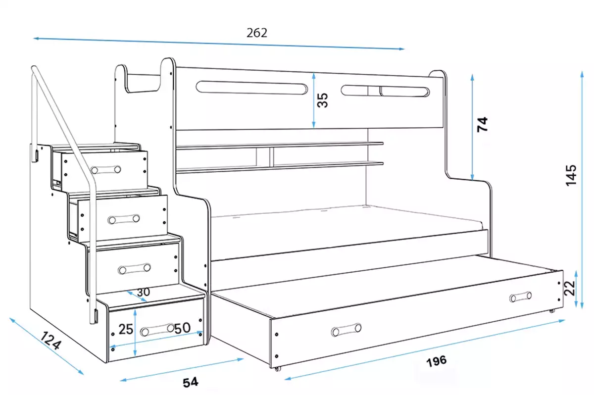 Rozmery a špecifikácie pre trojlôžkovú detskú posteľ MAX 3 120X200 so zásuvkou, grafit