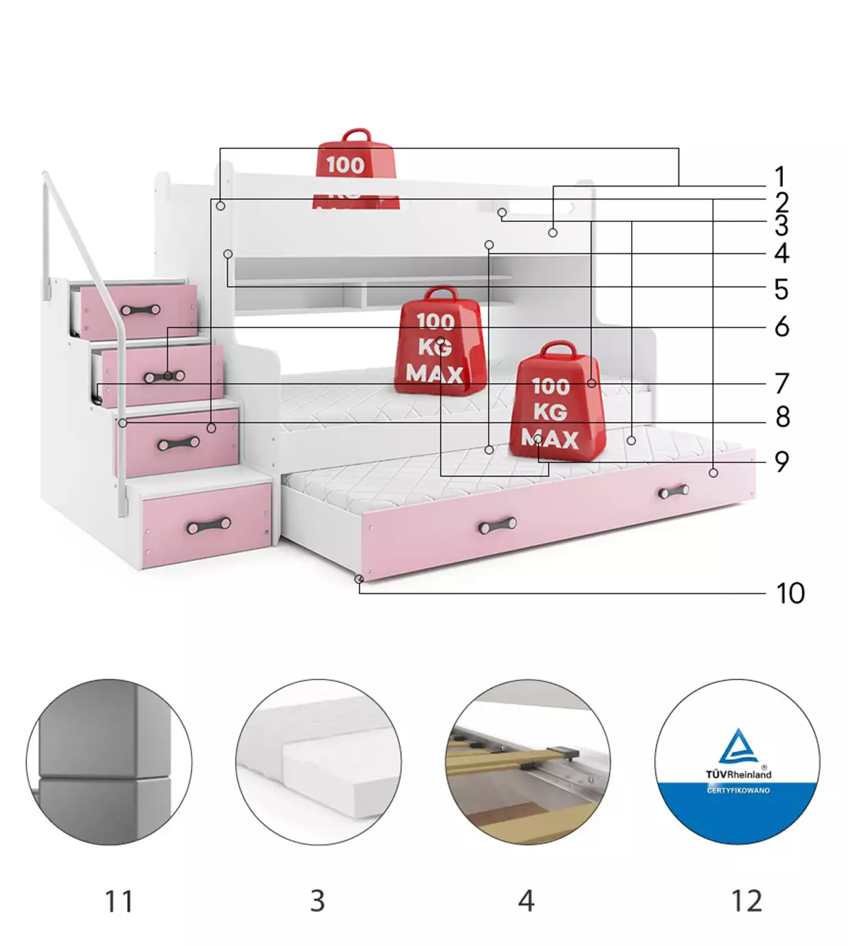 Komponenty pre trojlôžkovú detskú posteľ MAX 3 120X200 so zásuvkou, ružová