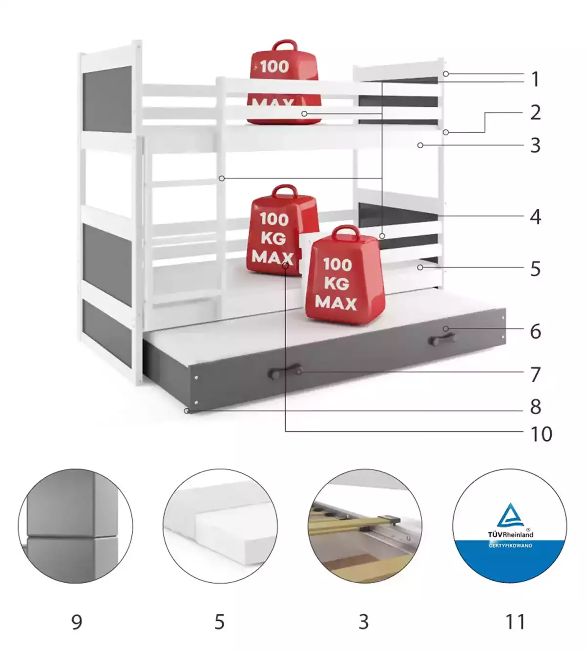 Komponenty pre trojlôžkovú detskú posteľ RICO 90X200 s matracom a zásuvkou, biela/grafit