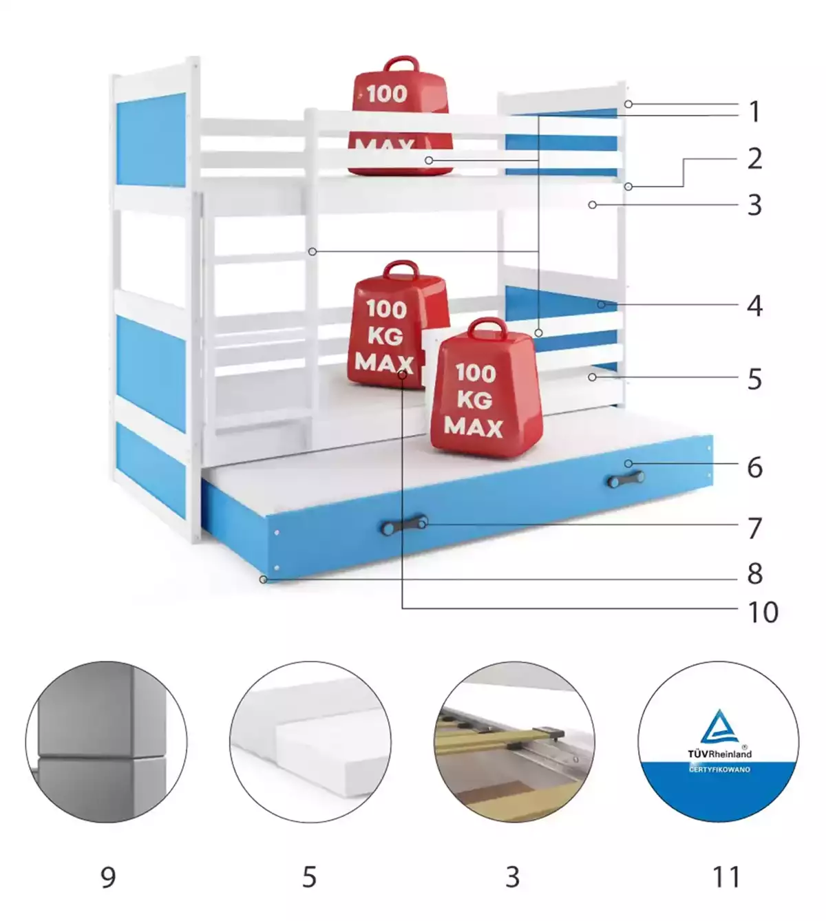 Komponenty pre trojlôžkovú detskú posteľ RICO 90X200 s matracom a zásuvkou, bielo/modrá