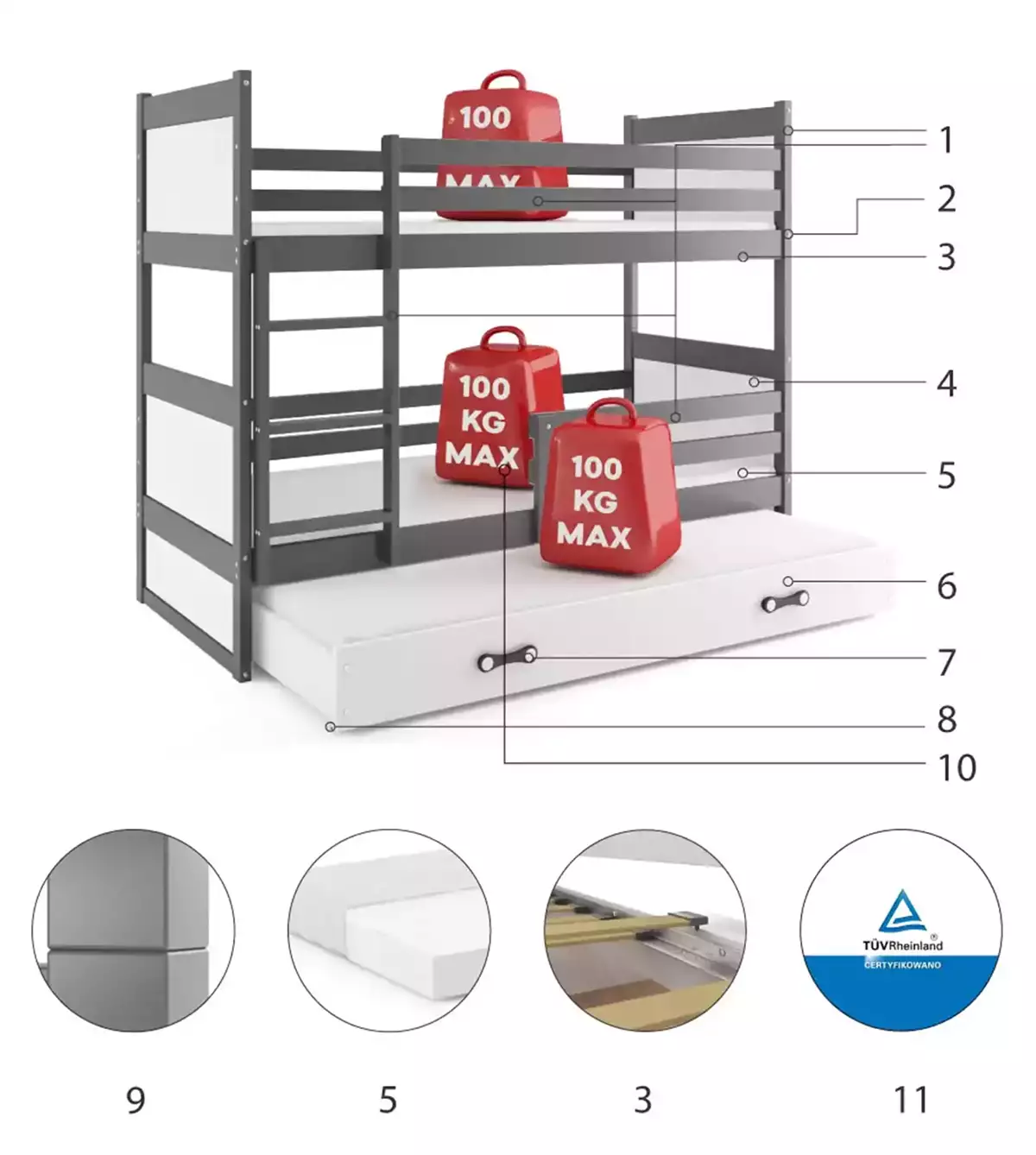 Komponenty pre trojlôžkovú detskú posteľ RICO 90X200 s matracom a zásuvkou, grafit/biela