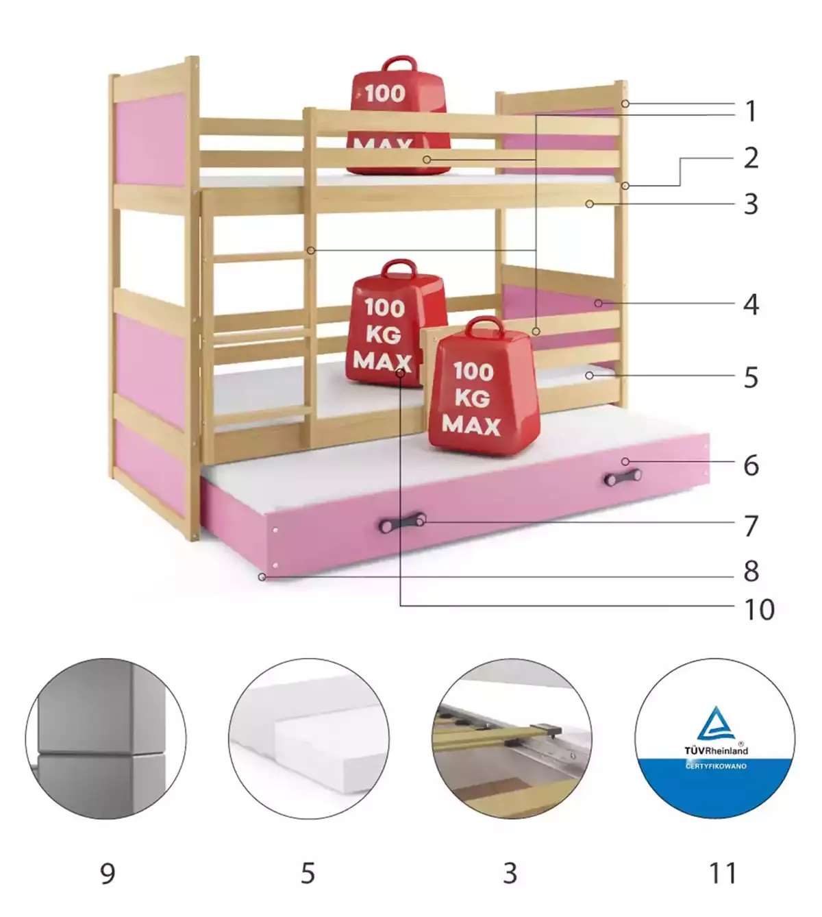 Komponenty pre trojlôžkovú detskú posteľ RICO 90X200 s matracom a zásuvkou, borovica/ružová