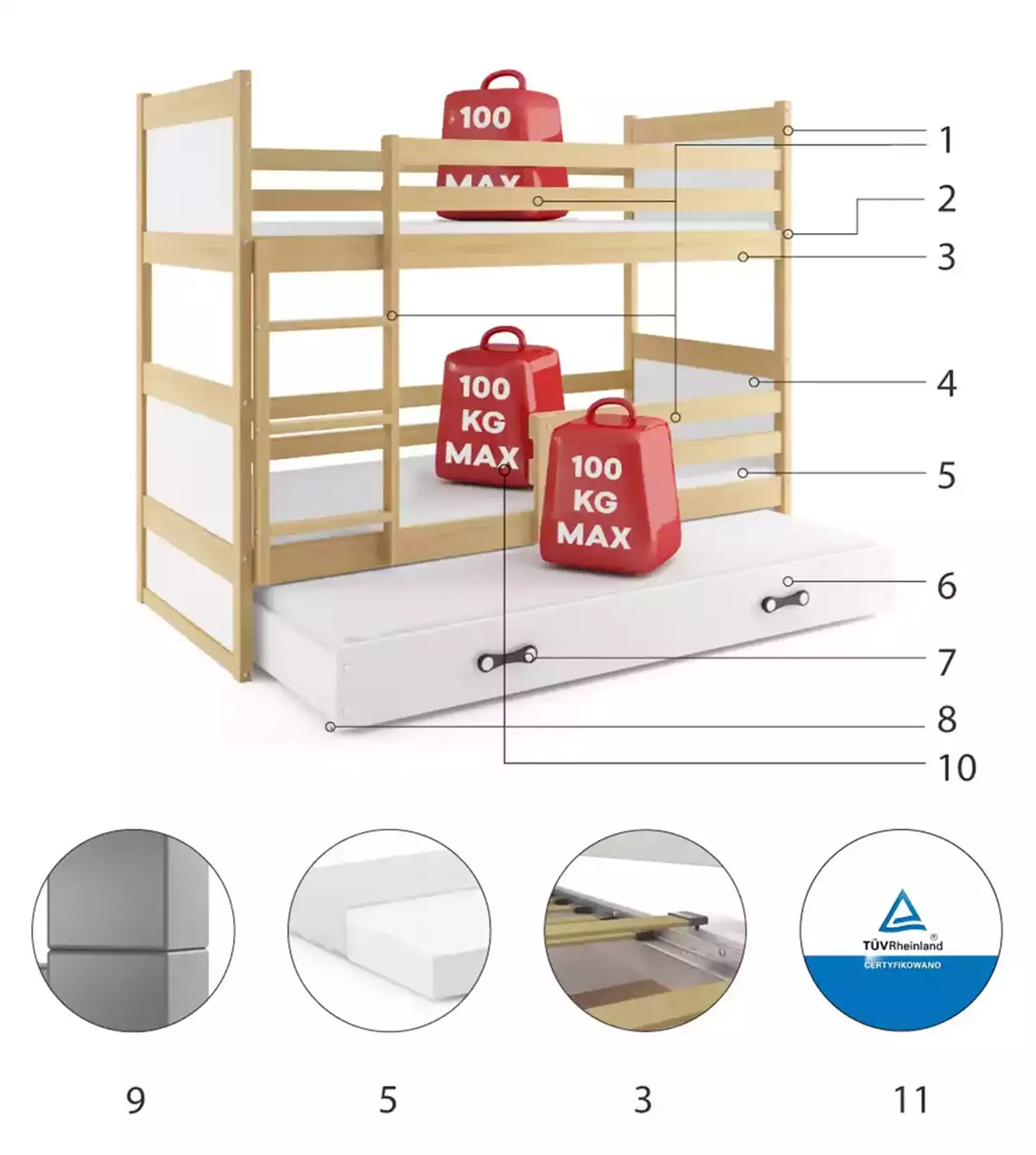 Komponenty pre trojlôžkovú detskú posteľ RICO 90X200 so zásuvkou, borovica/biela