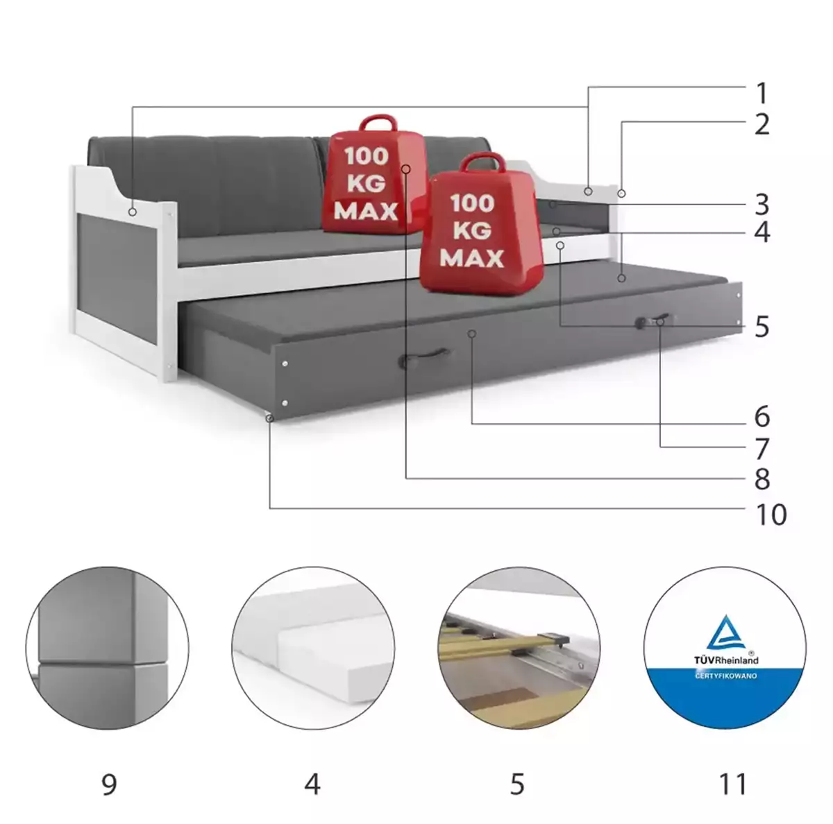 Komponenty pre výsuvnú detskú posteľ DAWID 90X200 s matracom a zásuvkou, biela/grafitová