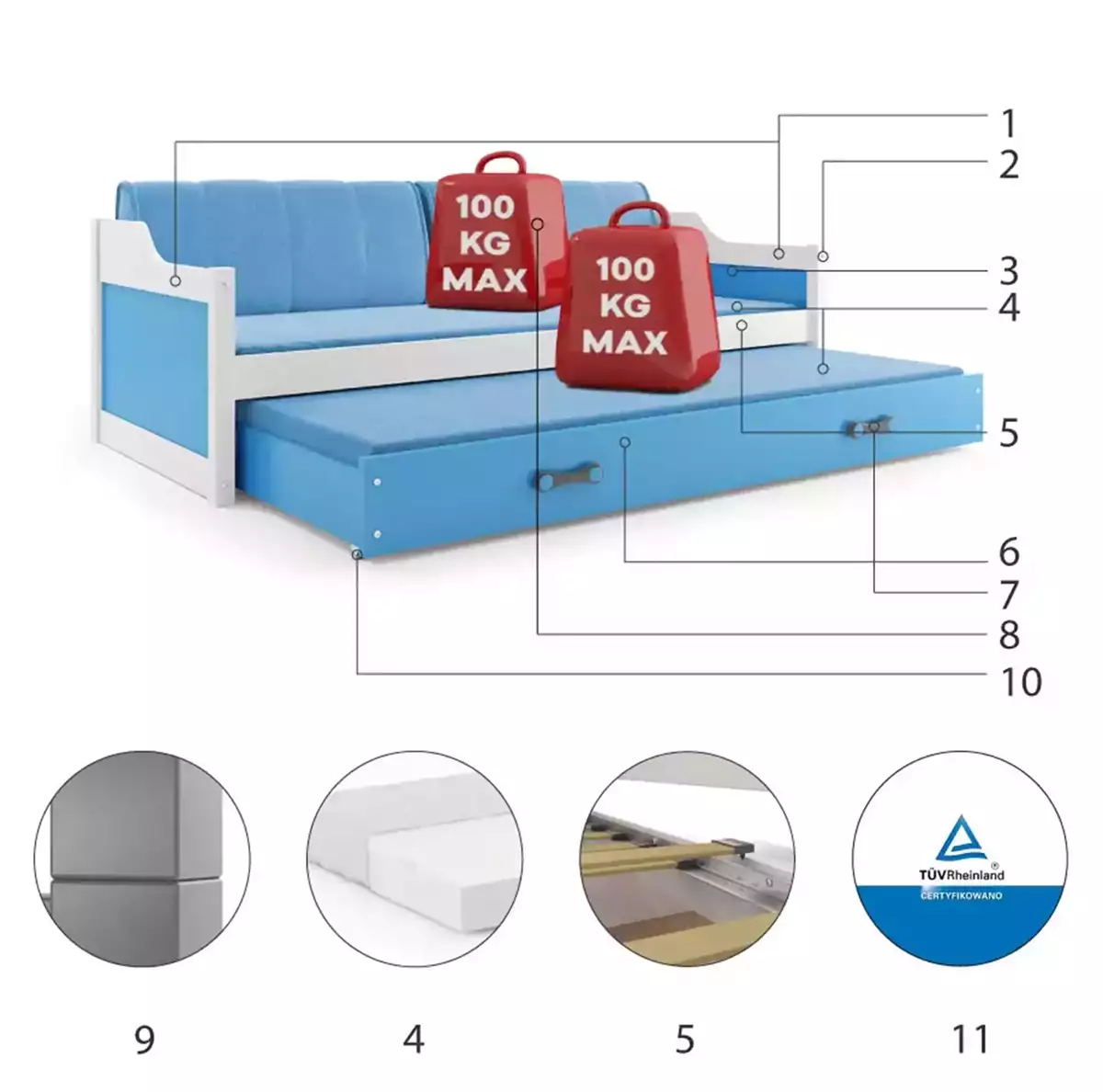 Komponenty pre výsuvnú detskú posteľ DAWID 90X200 s matracom a zásuvkou, bielo/modrá Komponenty pre výsuvnú detskú posteľ DAWID 90X200 s matracom a zásuvkou, bielo/modrá