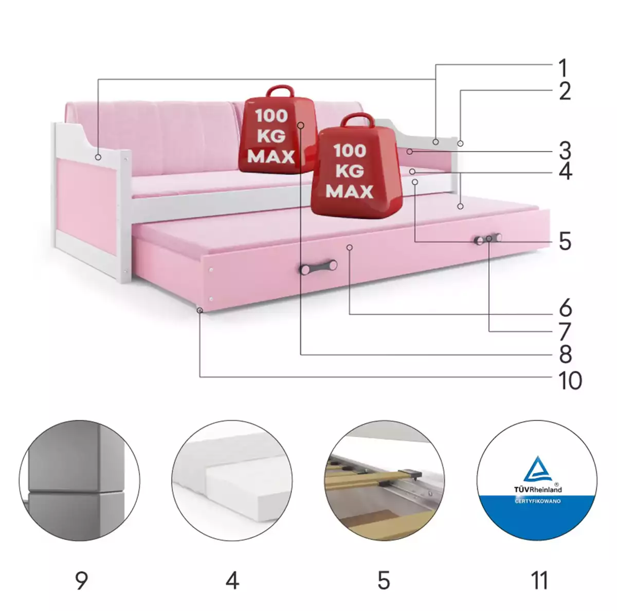 Komponenty pre výsuvnú posteľ DAWID pre tínedžerov 90X200 s matracom a zásuvkou, biela/ružová