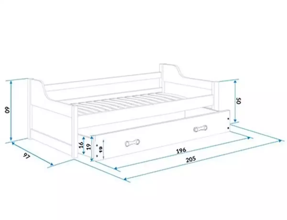 Rozmery a špecifikácie pre mládežnícku výsuvnú posteľ DAWID 90X200 s matracom a zásuvkou, biela/ružová