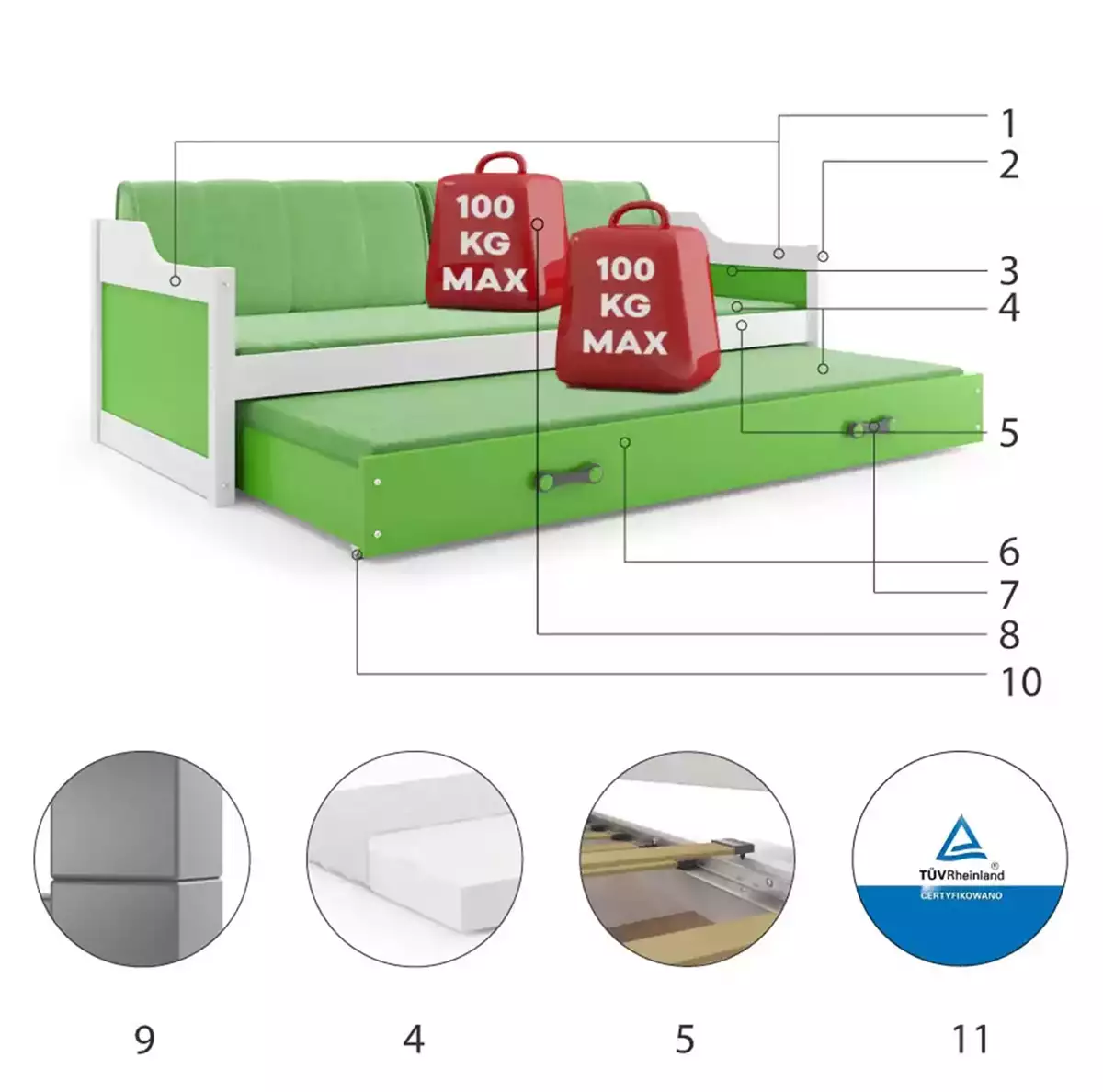 Komponenty pre výsuvnú detskú posteľ DAWID 90X200 s matracom a zásuvkou, biela/zelená
