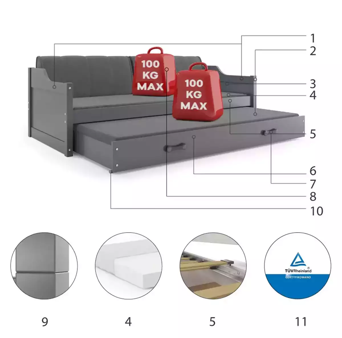 Komponenty pre výsuvnú detskú posteľ DAWID 90X200 s matracom a zásuvkou, grafit Komponenty pre výsuvnú detskú posteľ DAWID 90X200 s matracom a zásuvkou, grafit