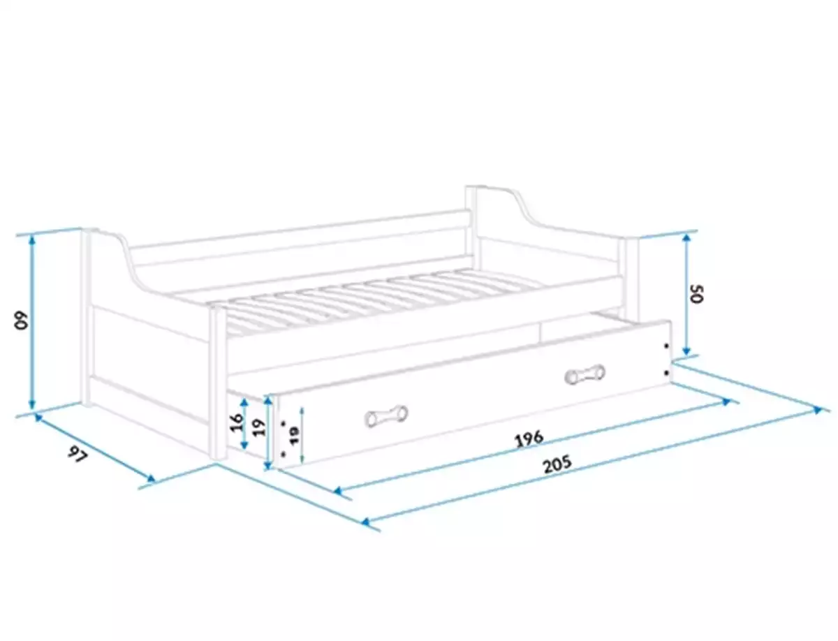 Rozmery a špecifikácie pre výsuvnú detskú posteľ DAWID 90X200 s matracom a zásuvkou, grafitová/modrá