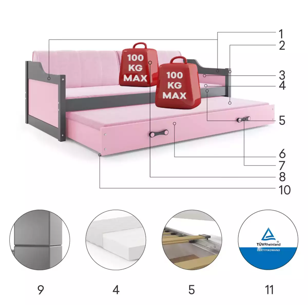 Komponenty pre výsuvnú detskú posteľ DAWID 90X200 s matracom a zásuvkou, grafit/ružová