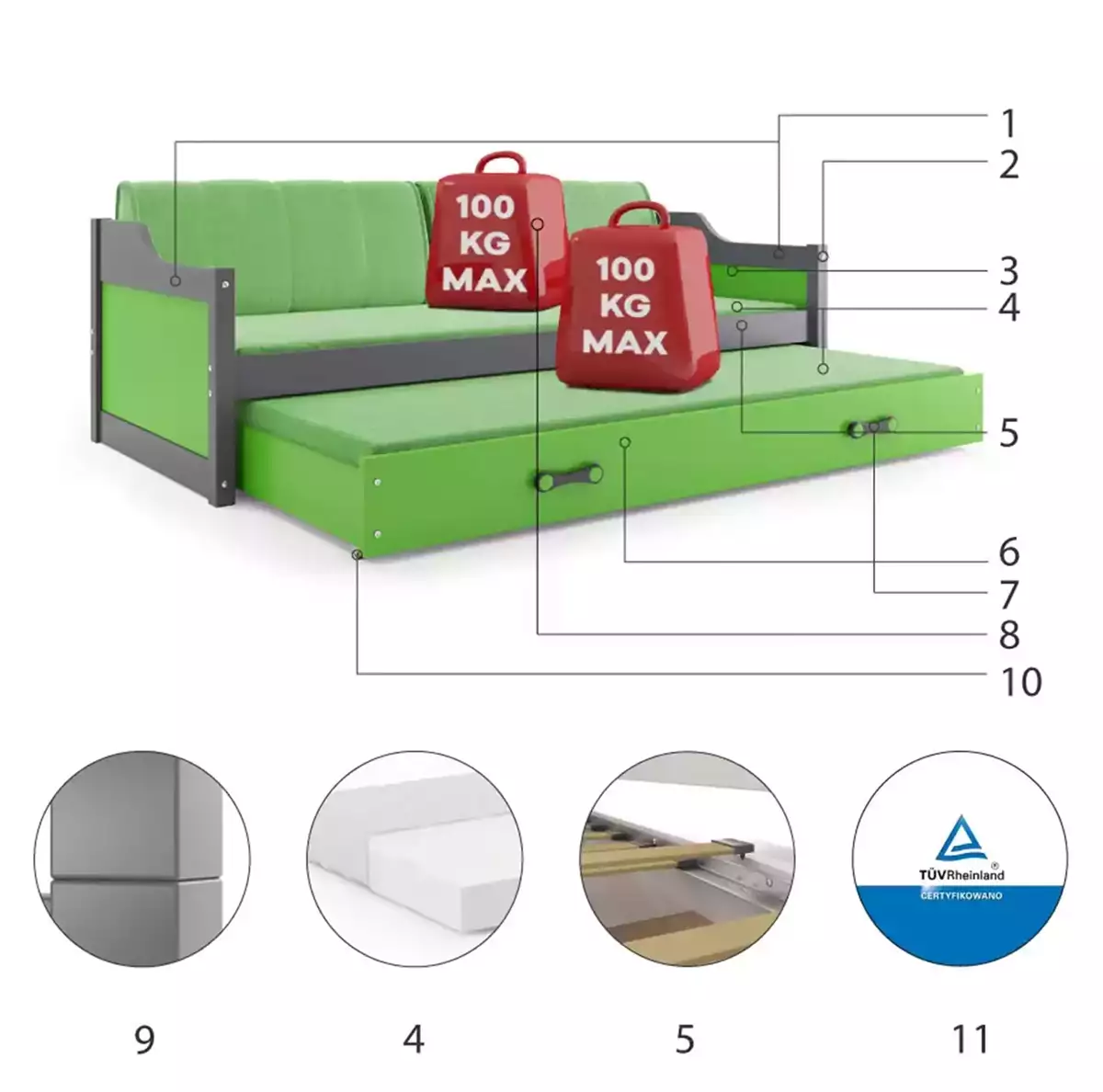 Komponenty pre výsuvnú detskú posteľ DAWID 90X200 s matracom a zásuvkou, grafit/zelená Komponenty pre výsuvnú detskú posteľ DAWID 90X200 s matracom a zásuvkou, grafit/zelená