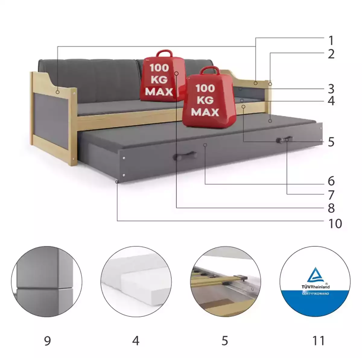 Komponenty pre výsuvnú detskú posteľ DAWID 90X200 s matracom a zásuvkou, borovica/grafit