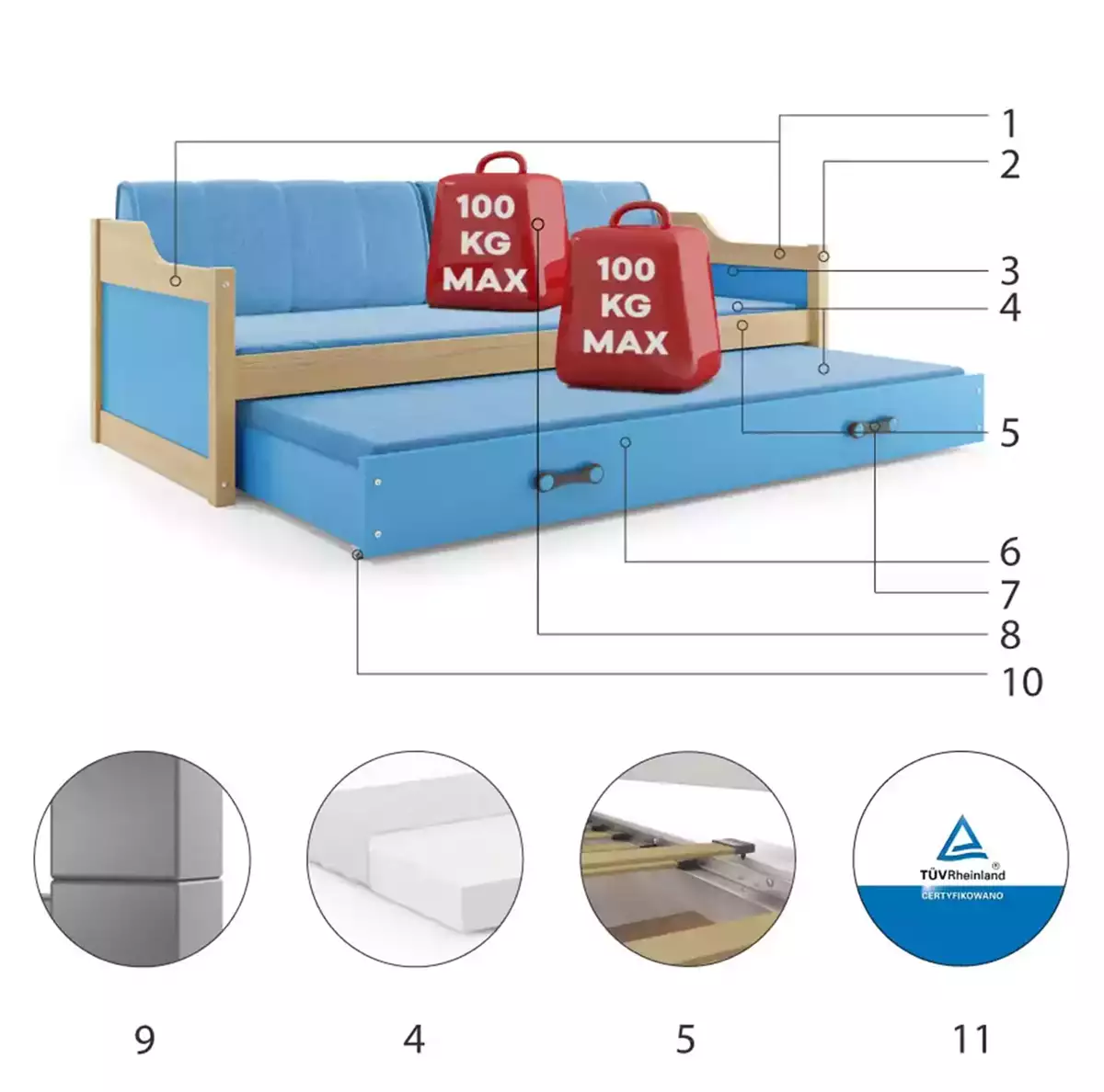 Komponenty pre výsuvnú detskú posteľ DAWID 90X200 s matracom a zásuvkou, borovica/modrá