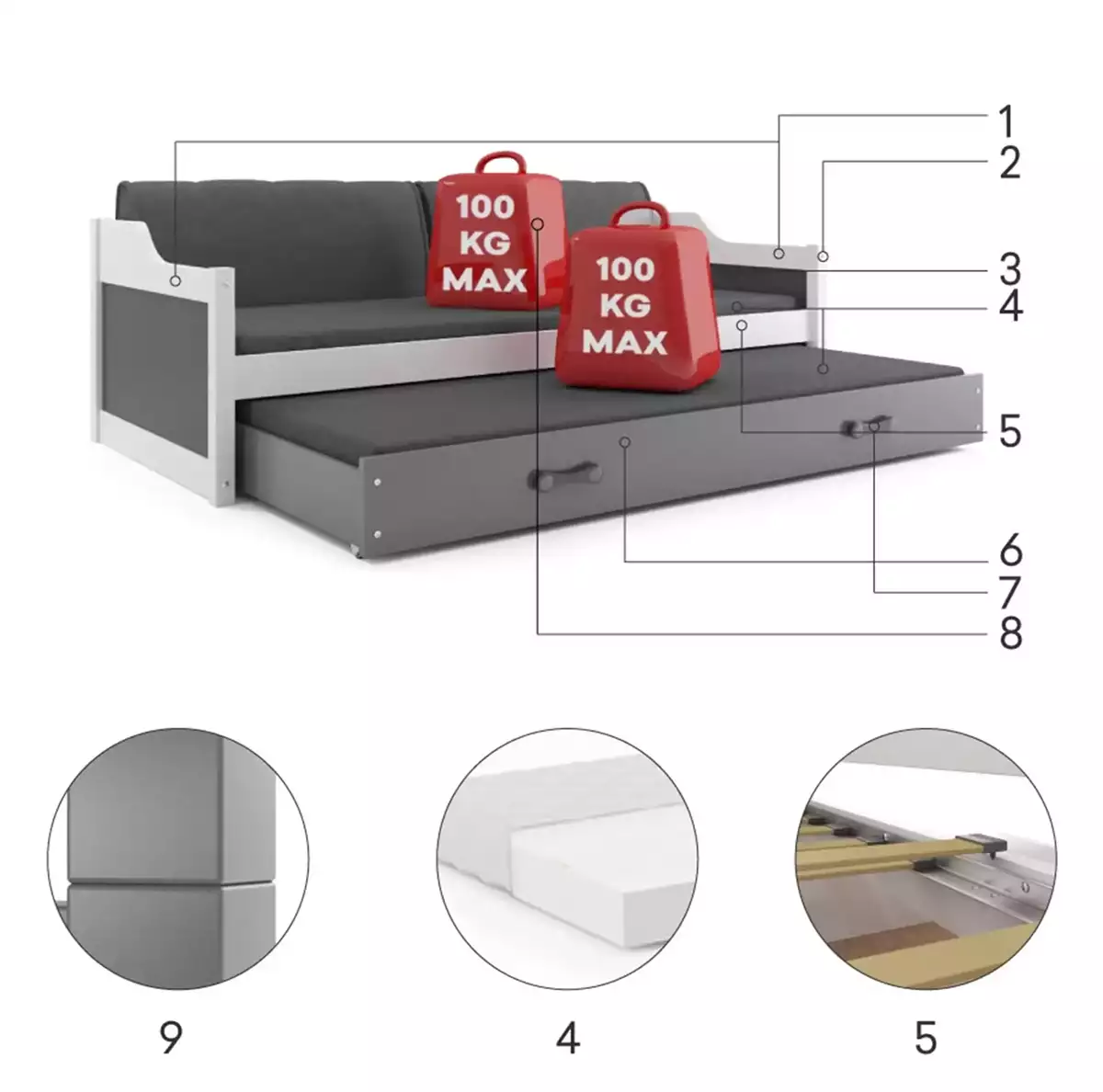 Komponenty pre mládežnícku vysúvaciu posteľ DAWID 90X200 s matracom a zásuvkou, borovica/ružová