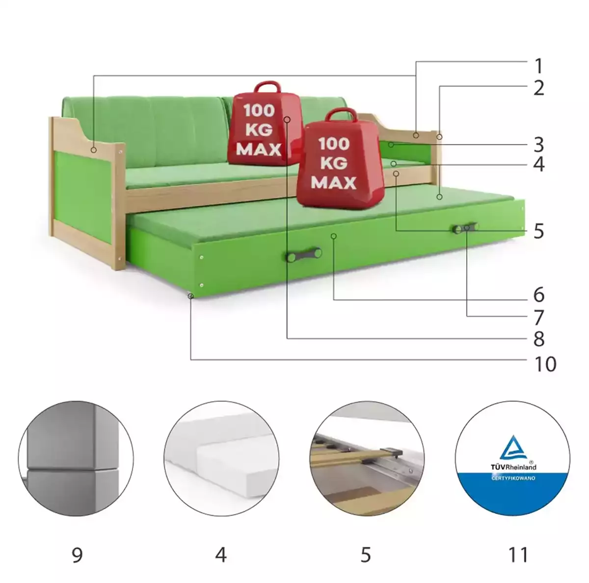Komponenty pre výsuvnú detskú posteľ DAWID 90X200 s matracom a zásuvkou, borovica/zelená